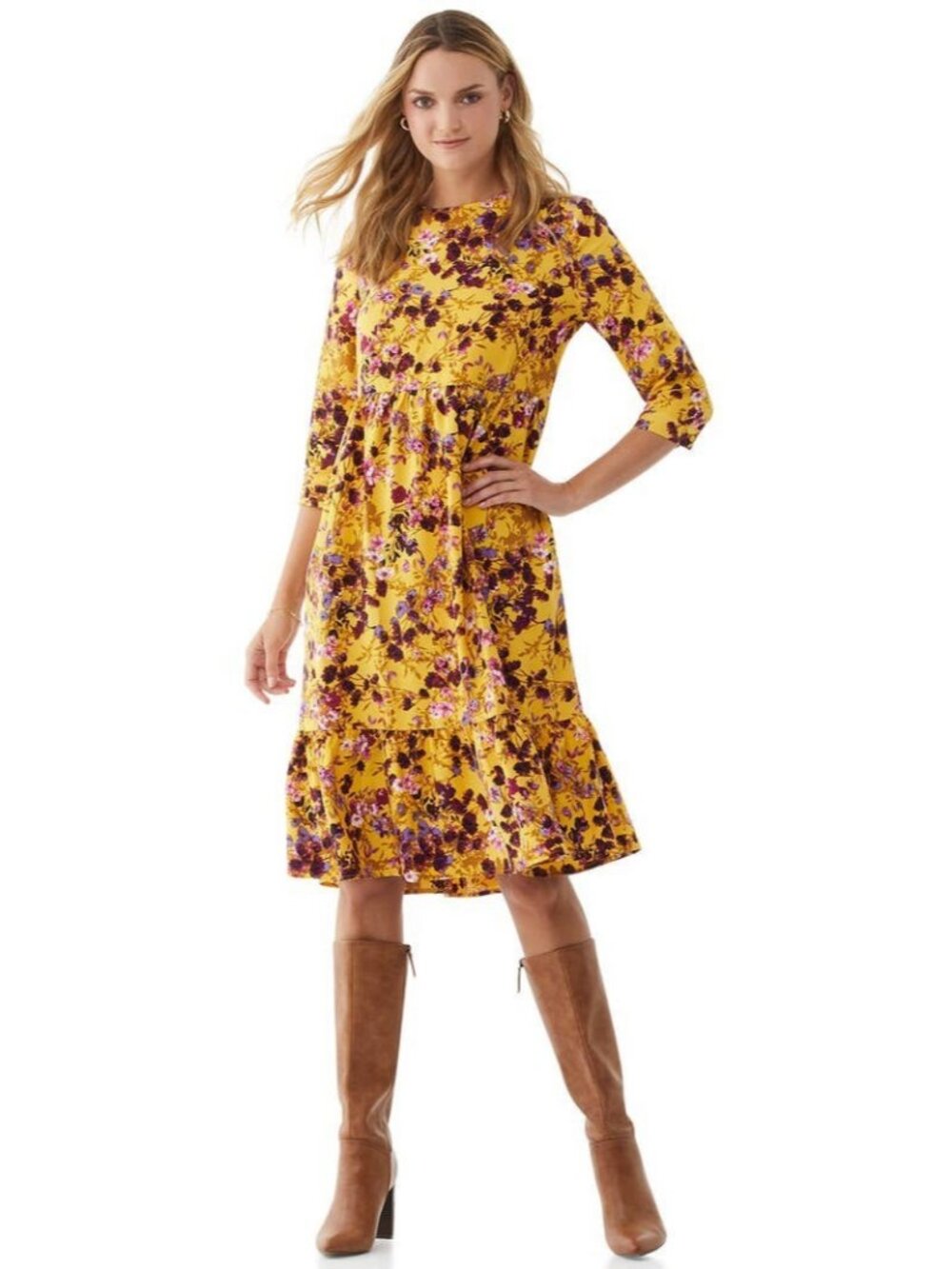 Scoop Plus Size Dress Mustard Yellow With Burgundy Floral 3X